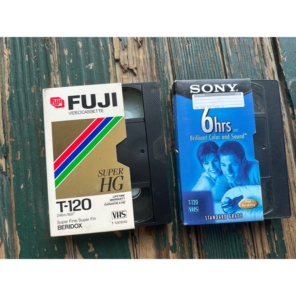 Lot of 2 Vintage Fuji Super HG and Sony T-120 VHS home Videocassettes Tapes